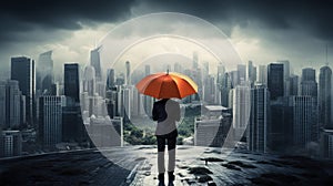 Solitary businessman standing with umbrella amidst cityscape, facing inclement weather, representing concepts of business