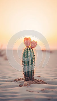 Solitary Cactus in a Muted Desert Landscape, Backlit by a Soft Sunset. Generative ai