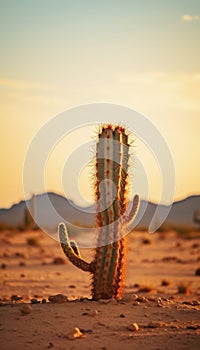 Solitary Cactus in a Muted Desert Landscape, Backlit by a Soft Sunset. Generative ai