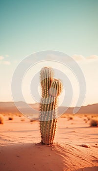 Solitary Cactus in a Muted Desert Landscape, Backlit by a Soft Sunset. Generative ai