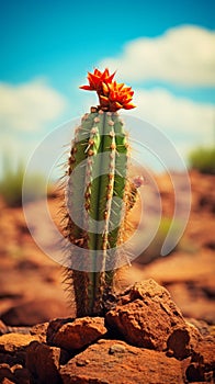 A Solitary Cactus Standing Amidst a Rocky Landscape