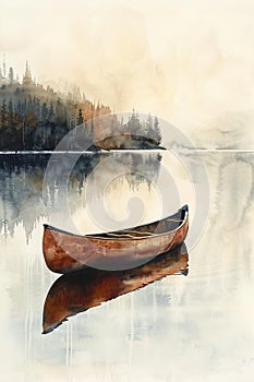 A solitary canoe on a placid lake, rendered in soft watercolors, capturing the essence of tranquility AI Generate