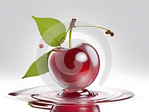 A solitary cherry, vibrant red against a pristine white backdrop