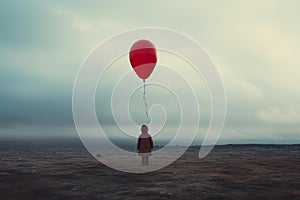 Solitary child with red balloon on barren landscape