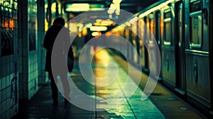 Solitary commuter walking in subway station