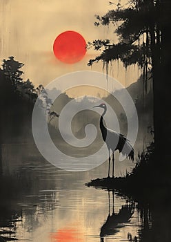 A solitary crane stands poised beside a quiet pond photo