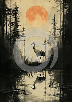 A solitary crane stands poised beside a quiet pond photo