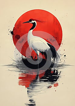A solitary crane stands poised beside a quiet pond photo