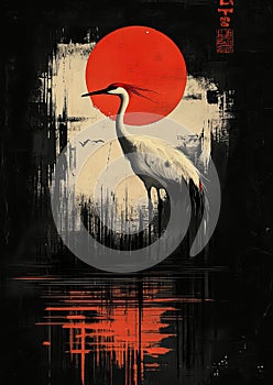 A solitary crane stands poised beside a quiet pond photo