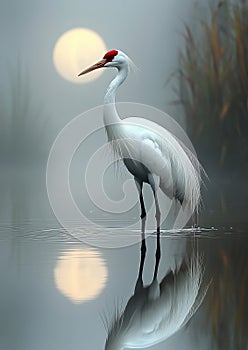 A solitary crane stands poised beside a quiet pond photo