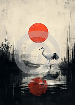 A solitary crane stands poised beside a quiet pond photo