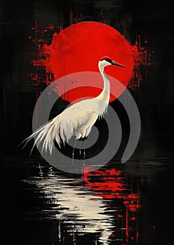 A solitary crane stands poised beside a quiet pond photo