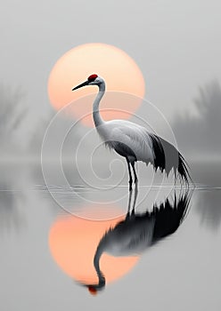 A solitary crane stands poised beside a quiet pond photo