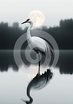 A solitary crane stands poised beside a quiet pond photo