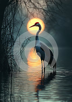 A solitary crane stands poised beside a quiet pond photo