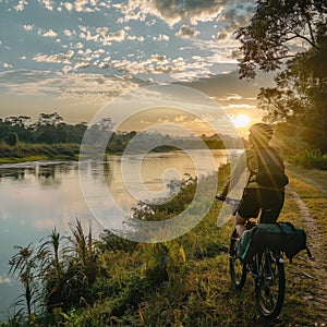 A solitary cyclist pauses to enjoy the golden sunset reflecting on a calm river beside a lush tropical path