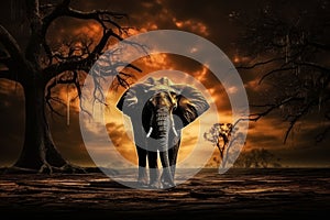 Solitary elephant in surreal landscape explores the profound concept of loneliness in nature photo