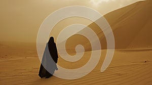 A solitary figure cloaked in black trudges across the scorching sand dunes their purpose unknown. photo