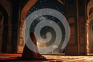 Serene Ramadan Night A Lone Worshipper Under the Starlit Mosque Sky photo