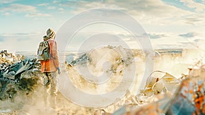 A solitary figure in a landfill faces the void, embodying the archetype of isolation photo