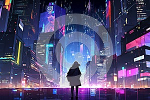 Solitary Figure Navigating A Futuristic Cyberpunk Metropolis Adorned With Glowing Skyscrapers