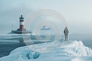 Solitary figure observing a frozen lighthouse on a tranquil winter day