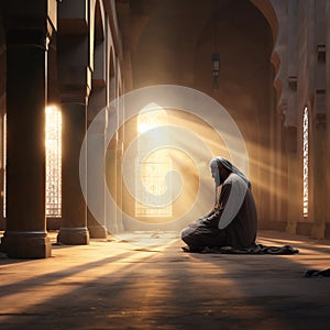 a solitary figure in prayer within the tranquil setting of a mosque bathed in sunlight
