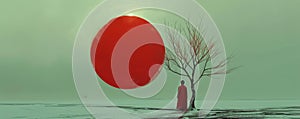 Solitary figure in red cloak standing by a leafless tree under a large red moon in a desolate landscape