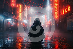 Solitary figure sitting on wet street