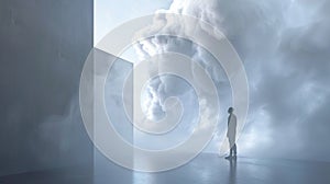 A solitary figure standing in a minimalist room, starkly contrasted by billowing smoke shaping into fluffy photo