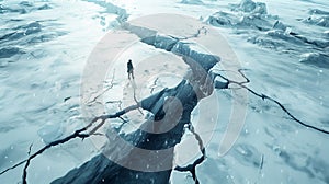 Solitary figure stands near a massive crevasse on a frosty, cracked glacier landscape, evoking themes of adventure and photo