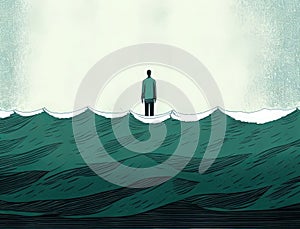 A solitary figure stands in the ocean the waves of behavior seeping into their subconscious. Art concept. AI generation