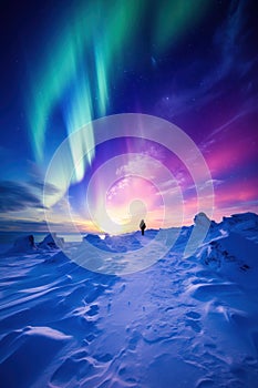 Solitary figure under aurora borealis in snowy landscape at twilight