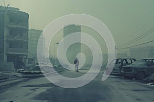 Solitary figure walking in a misty urban wasteland with abandoned cars