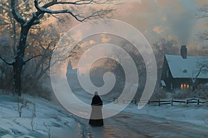 Solitary figure walking on a snowy path at dusk. winter landscape with warm glow. serene and peaceful scene, perfect for