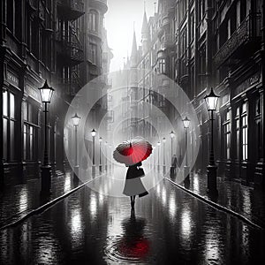 Solitary Woman Walking With A Red Umbrella In the Rain photo