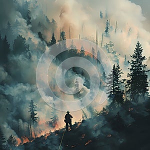 Solitary Firefighter in Wildfire AI Generative photo