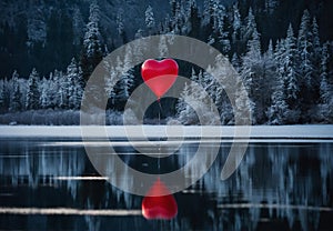 Solitary Glow: Red Balloon Above Frozen Waters with Fern Trees