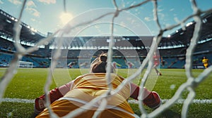 a solitary goalkeeper, positioned in front of the goalposts with arms outstretched, ready to make a save photo