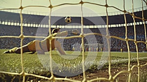 a solitary goalkeeper, positioned in front of the goalposts with arms outstretched, ready to make a save photo