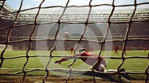 a solitary goalkeeper, positioned in front of the goalposts with arms outstretched, ready to make a save photo