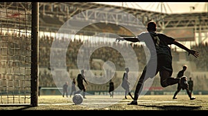 a solitary goalkeeper, positioned in front of the goalposts with arms outstretched, ready to make a save photo