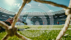 a solitary goalkeeper, positioned in front of the goalposts with arms outstretched, ready to make a save photo