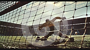 a solitary goalkeeper, positioned in front of the goalposts with arms outstretched, ready to make a save photo