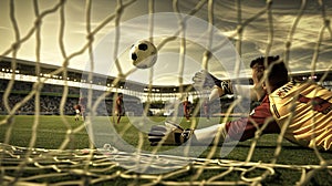 a solitary goalkeeper, positioned in front of the goalposts with arms outstretched, ready to make a save photo