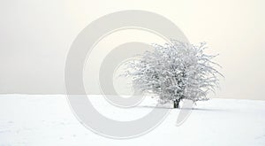 A solitary hawthorn bush in a snow-covered meadow.