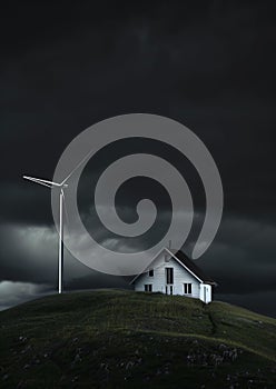 A solitary house stands next to a wind turbine on a moody evening, illuminated in the twilight