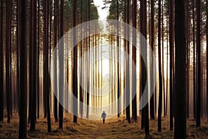 Solitary hunter in misty forest dawn