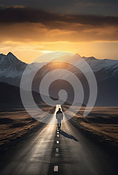 Solitary Journey: Man Walking on Road to Majestic Mountains. Generative ai