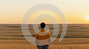 A solitary man standing in an open pasture, gazing out towards the distant horizon